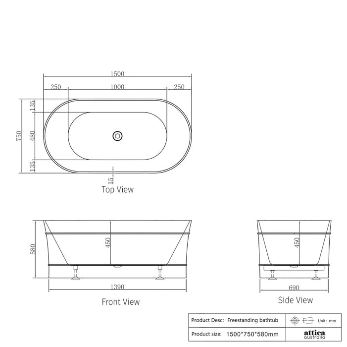 ATTICA - BONDI FREE STANDING BATHTUB GLOSS WHITE