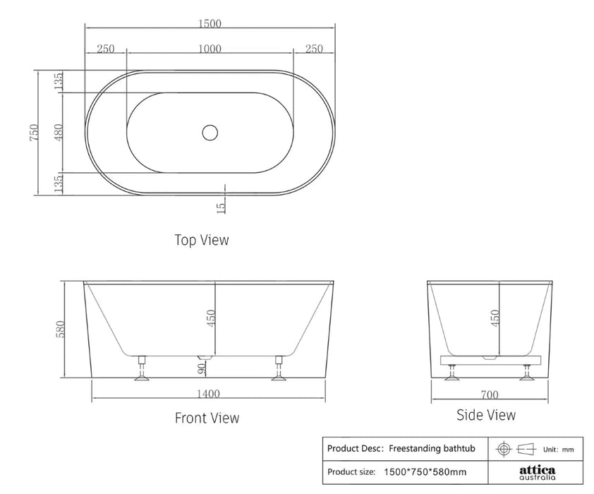 ATTICA - NOOSA FREESTANDING BATH TUB GLOSS WHITE